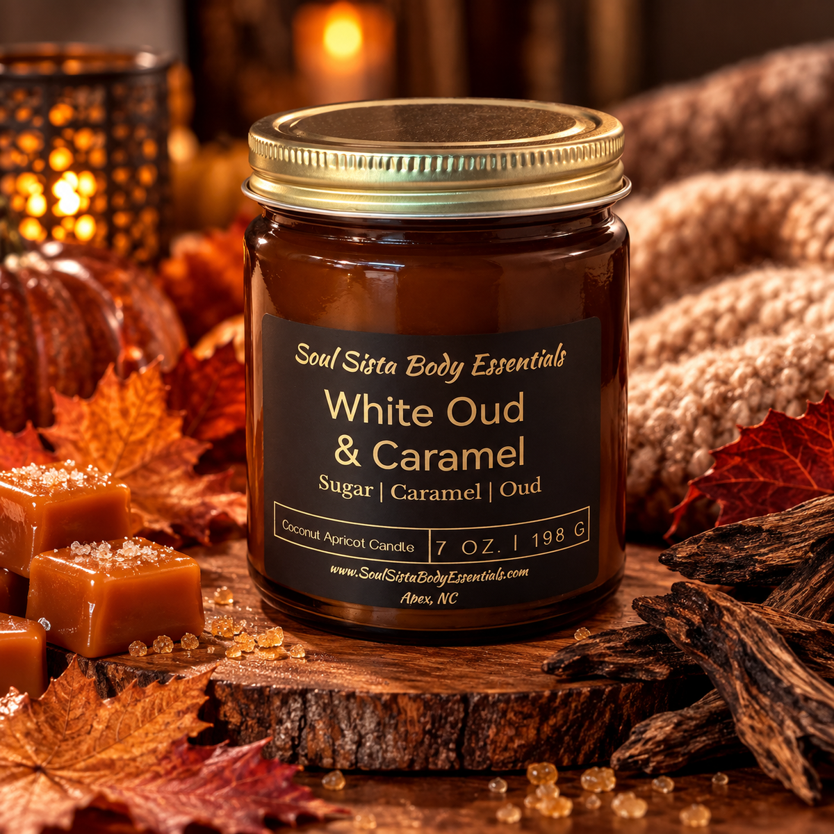 Soul Sista Body Essentials candle with a simple, elegant design, featuring a warm glow and natural aesthetic.