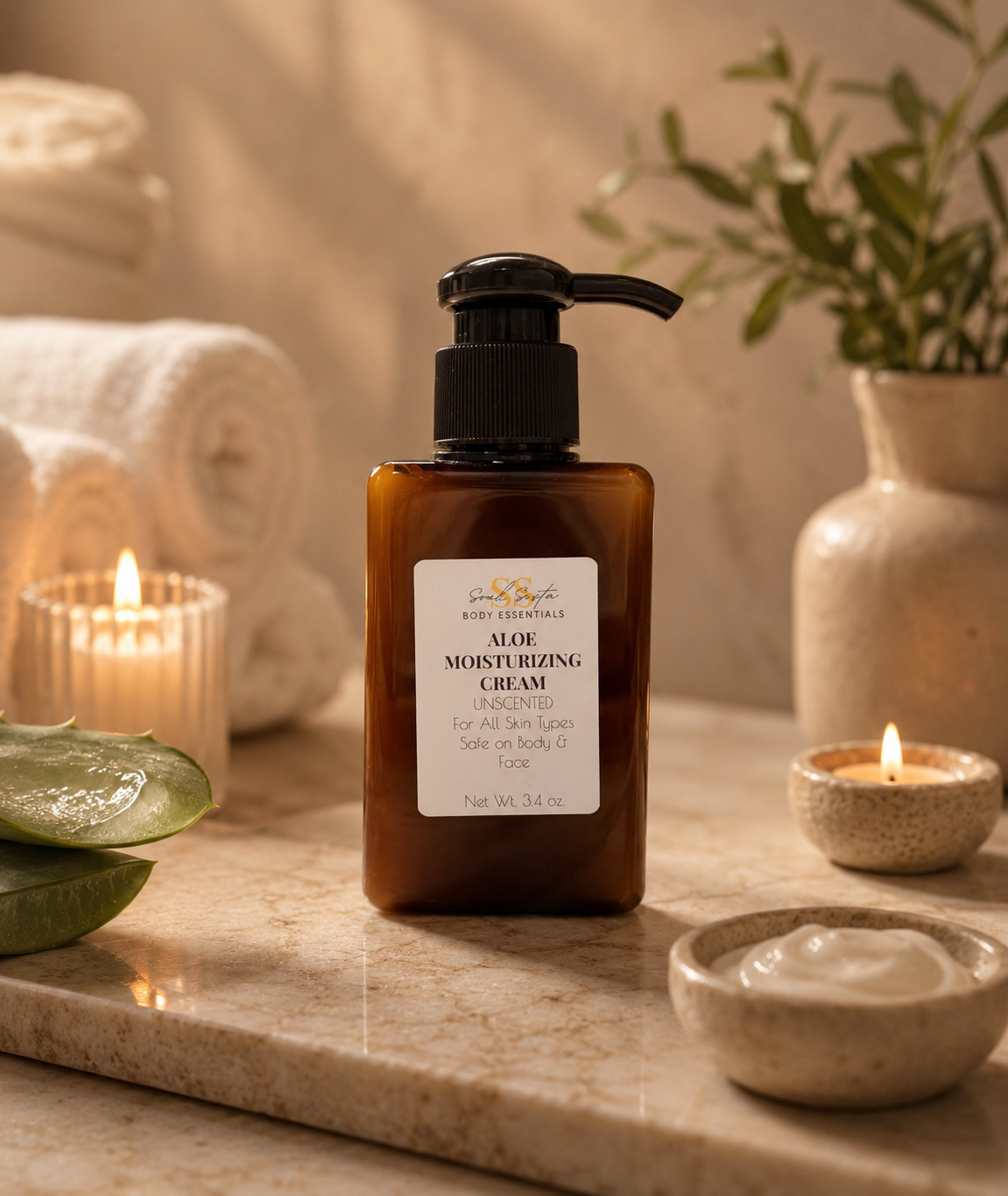 Aloe moisturizing cream from soulsistabodyessentials in a jar, designed for face care and hydrating skin.
