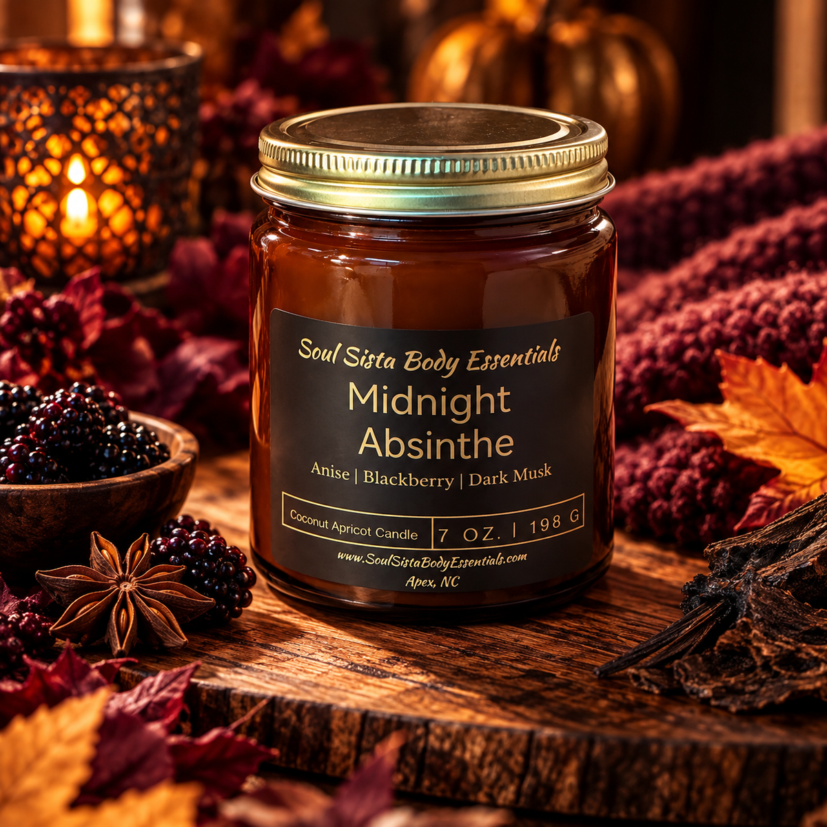 Scented candle from Soul Sista Body Essentials, featuring a warm, inviting design perfect for relaxing ambiance.