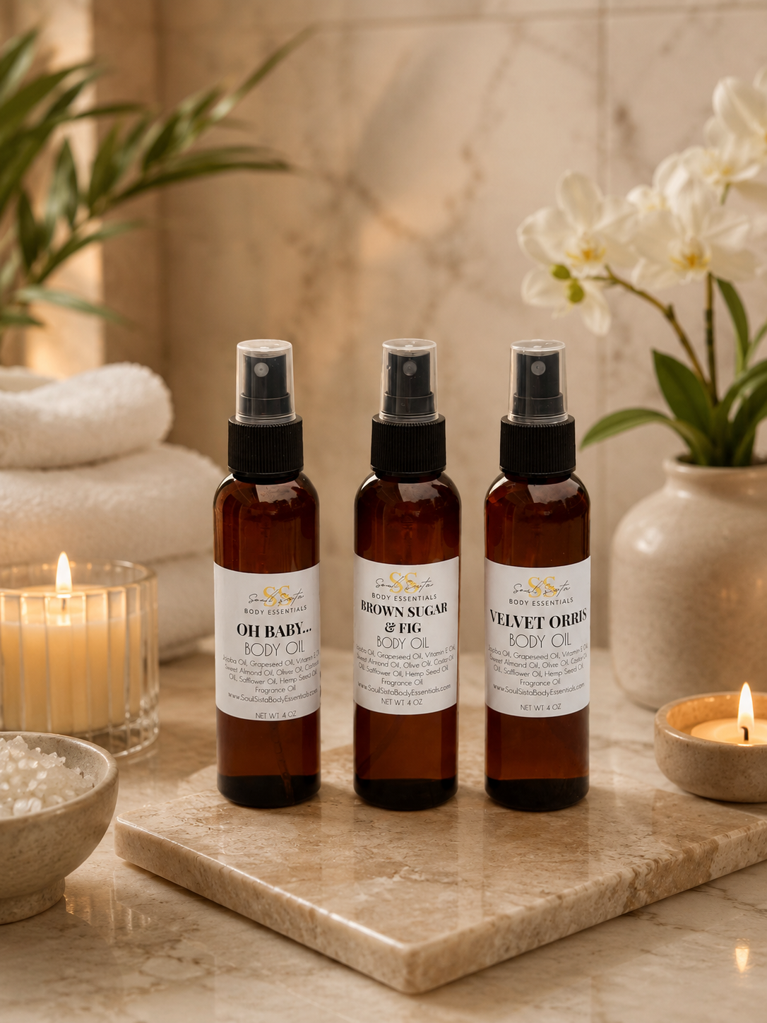 SoulsistaBodyEssentials body oil bottle with dropper, natural skincare product for moisturizing and nourishing skin.