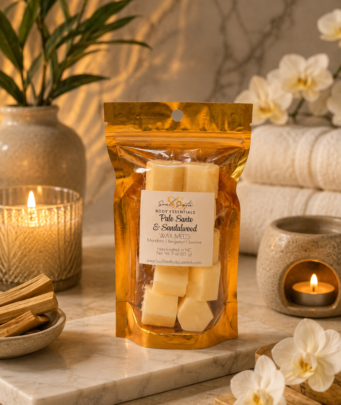 Scented wax melts from Soul Sista Body Essentials, arranged in a decorative jar with colorful wax chunks for home fragrance.