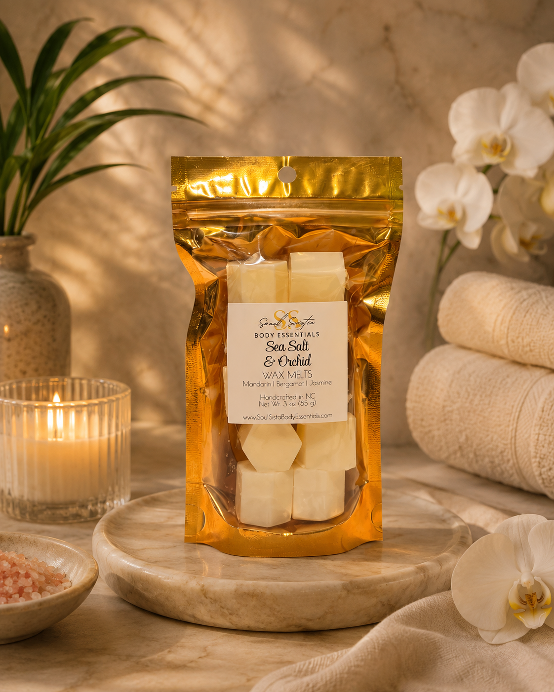 Soul Sista Body Essentials wax melts in a colorful, resealable package, showcasing vibrant wax pieces for home fragrance.