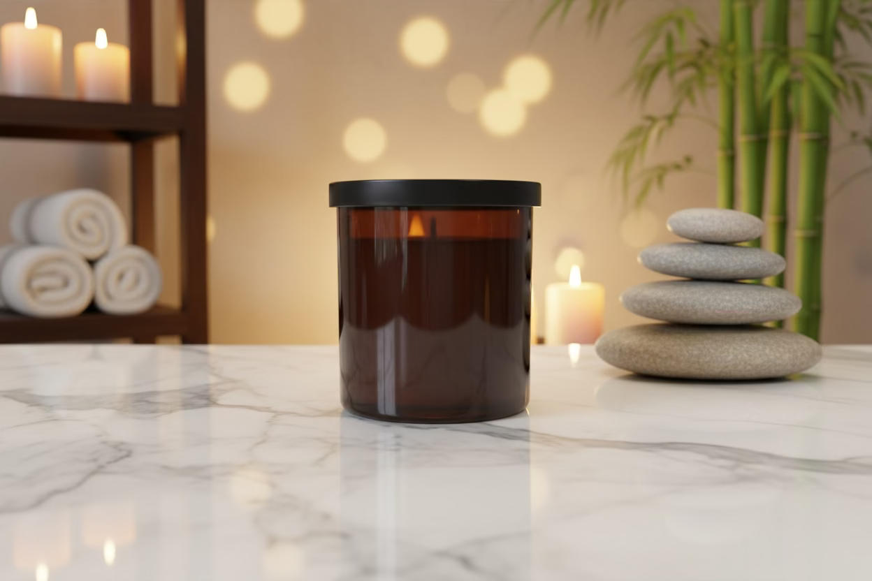 A Soul Sista Body Essentials candle in a glass jar, featuring a lit wick and warm, flickering glow, perfect for relaxing ambiance.